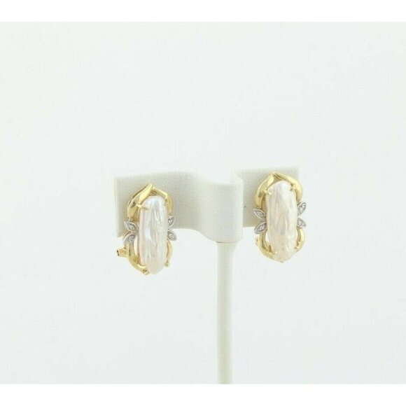 14k Yellow Gold Keshi Pearl and Diamond Earrings Lever Back Earrings - Picture 4 of 11